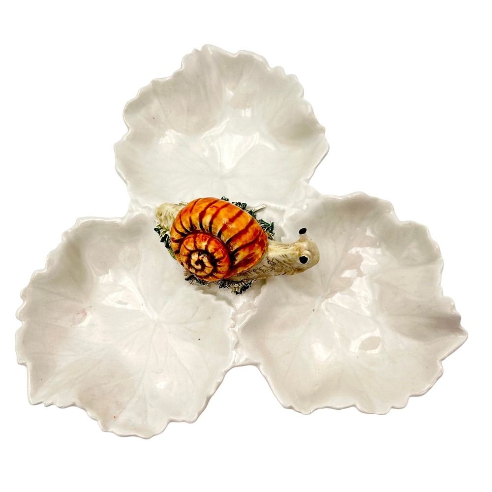Vintage Majolica ItalianCeramic Snail Divided Serving Dish White Italy